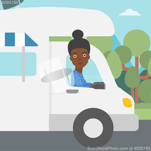 Image of Woman driving motor home vector illustration.