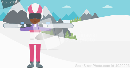 Image of Woman holding skis vector illustration.