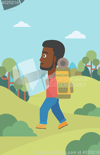 Image of Man with backpack hiking vector illustration.