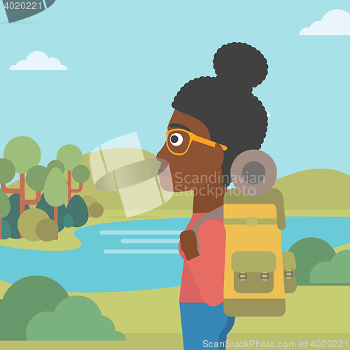 Image of Woman with backpack hiking vector illustration.