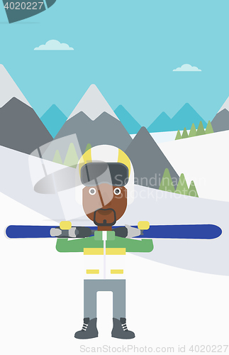 Image of Man holding skis vector illustration.