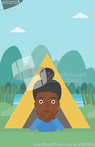 Image of Woman lying in camping tent vector illustration.