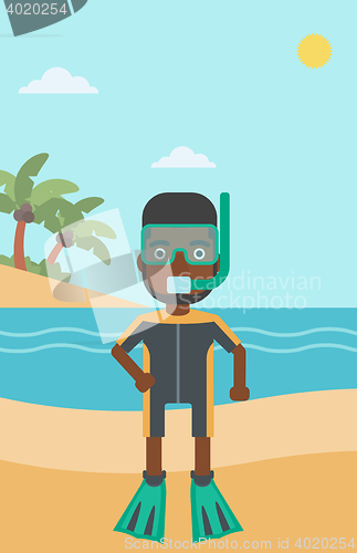 Image of Male scuba diver on the beach vector illustration.