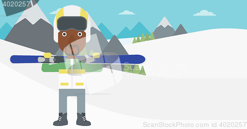 Image of Man holding skis vector illustration.