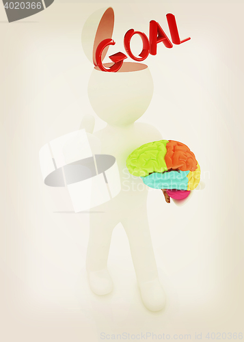 Image of 3d people - man with half head, brain and trumb up. Goal concept
