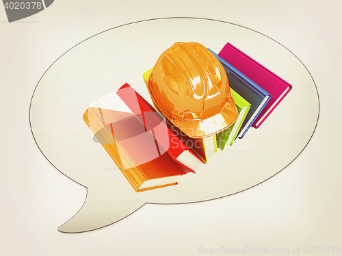 Image of messenger window icon and Hard hat on a colorful books . 3D illu