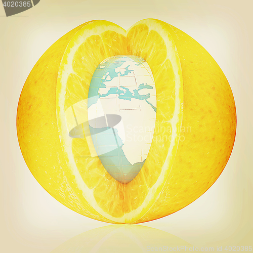 Image of Earth on orange fruit. Creative conceptual image. . 3D illustrat