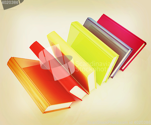 Image of colorful real books. 3D illustration. Vintage style.
