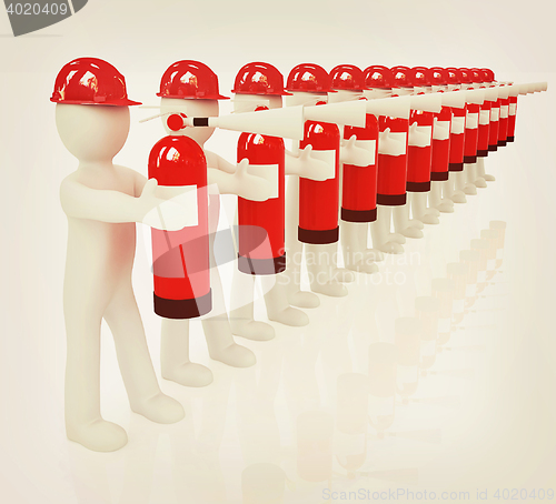 Image of 3d mans in hardhat with red fire extinguisher . 3D illustration.