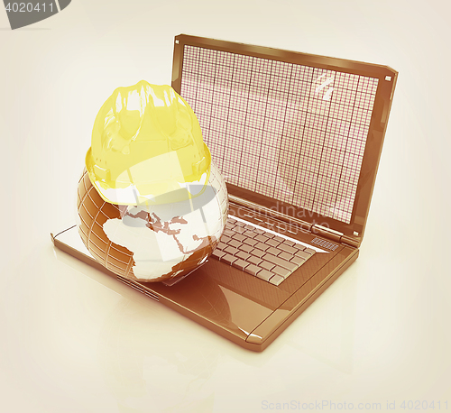 Image of Hard hat and earth on a laptop . 3D illustration. Vintage style.