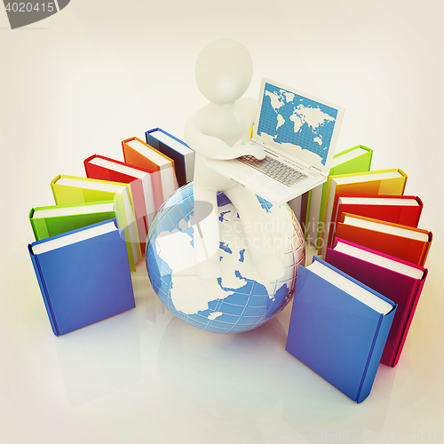 Image of 3d man sitting on earth and working at his laptop and books arou