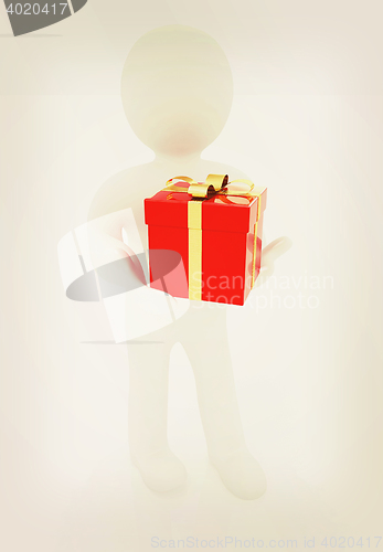 Image of 3d man gives red gift with gold ribbon. 3D illustration. Vintage