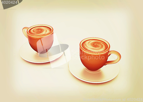 Image of Coffee cups on saucer. 3D illustration. Vintage style.