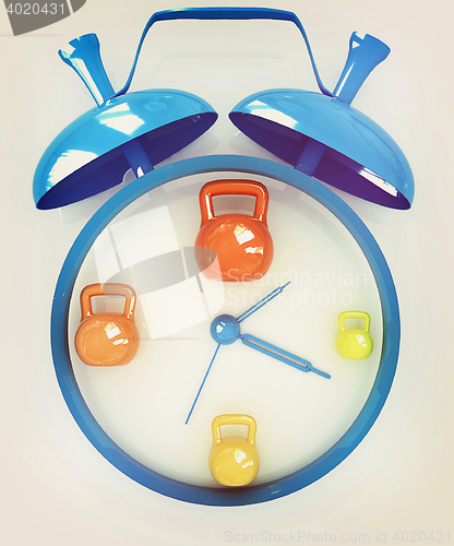 Image of Alarm clock icon with kettlebells. Sport concept . 3D illustrati