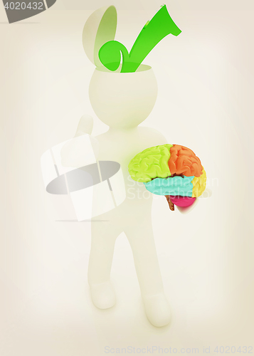 Image of 3d people - man with half head, brain and trumb up. Choice conce