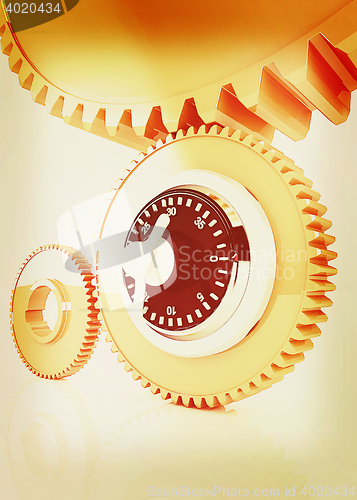Image of gears with lock. 3D illustration. Vintage style.