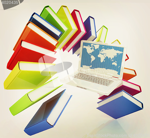 Image of Laptop and books flying . 3D illustration. Vintage style.