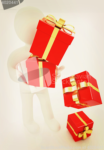 Image of 3d man strawed red gifts with gold ribbon. 3D illustration. Vint