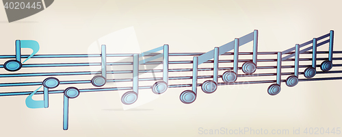 Image of Various music notes on stave. Blue 3d. 3D illustration. Vintage 