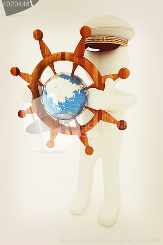 Image of Sailor with wood steering wheel and earth. Trip around the world