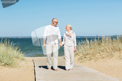 Image of happy senior couple holding hands on summer beach