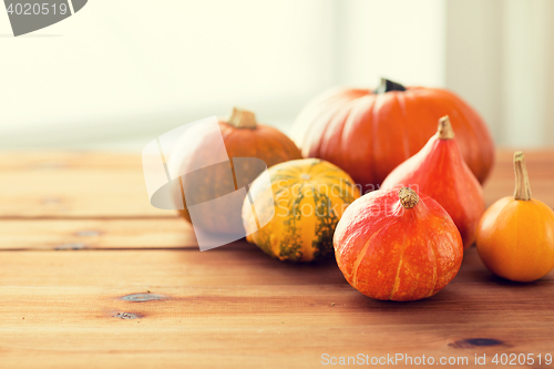 Image of close up of pumpkins on wooden table at home