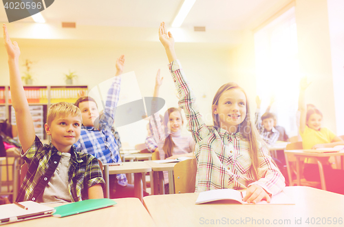 Image of group of school kids raising hands in classroom