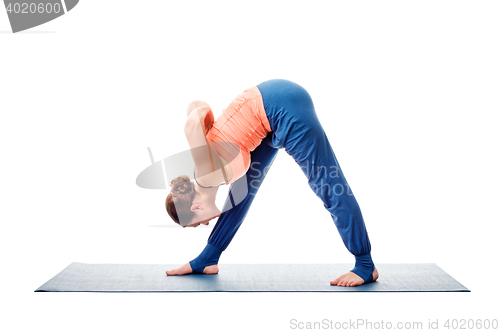 Image of Woman doing Ashtanga Vinyasa Yoga asana Parsvottanasana 