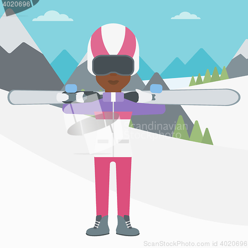 Image of Woman holding skis vector illustration.