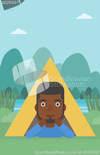 Image of Man lying in camping tent vector illustration.