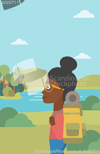 Image of Woman with backpack hiking vector illustration.