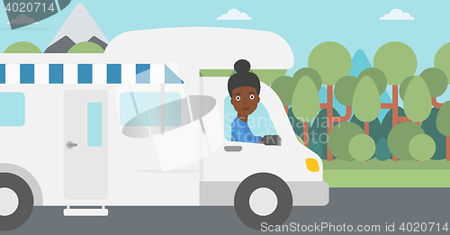 Image of Woman driving motor home vector illustration.