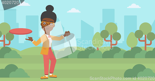 Image of Woman playing flying disc vector illustration.