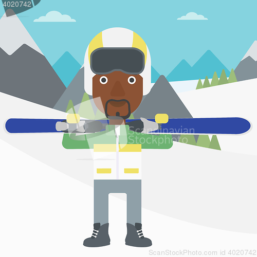 Image of Man holding skis vector illustration.