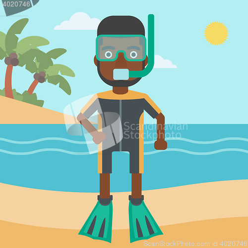 Image of Male scuba diver on the beach vector illustration.