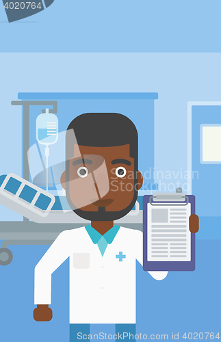 Image of Doctor with clipboard and MRI machine.
