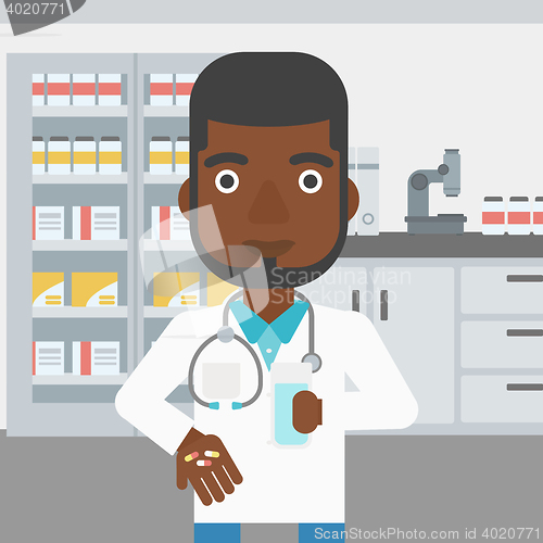 Image of Pharmacist giving pills and glass of water.