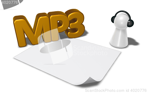 Image of mp3 tag, blank white paper sheet and pawn with headphones - 3d rendering