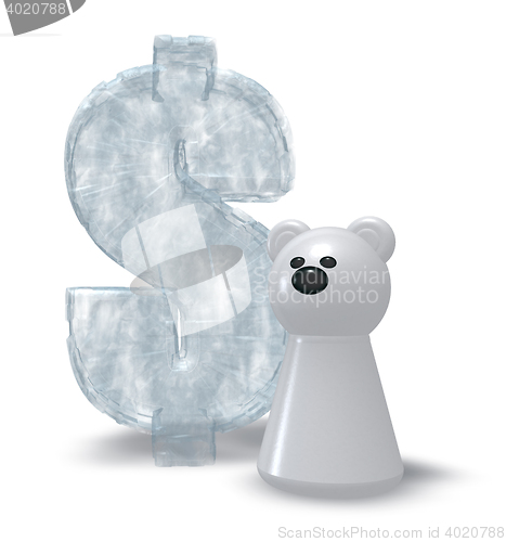 Image of ice dollar symbol and white bear pawn - 3d rendering