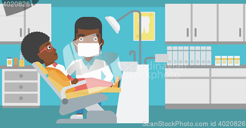 Image of Patient and doctor at dentist office.