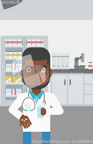 Image of Pharmacist giving pills and glass of water.