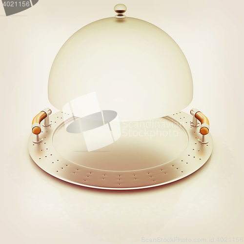 Image of restaurant cloche with open lid . 3D illustration. Vintage style