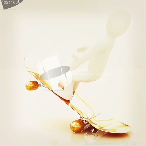 Image of 3d white person with a skate and a cap. 3D illustration. Vintage