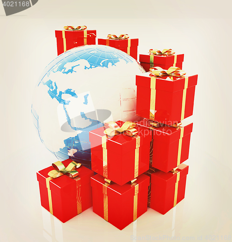 Image of Traditional Christmas gifts and earth on a white background. Glo