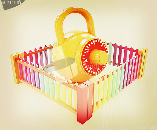 Image of Protection concept.Lock closed colorfull fence . 3D illustration