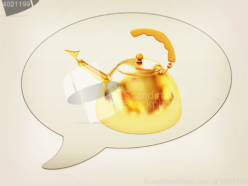 Image of messenger window icon and glossy golden kettle . 3D illustration