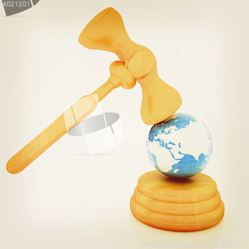 Image of Wooden gavel and earth isolated on white background. Global auct