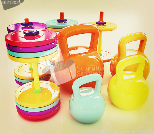 Image of Colorful weights and dumbbells . 3D illustration. Vintage style.