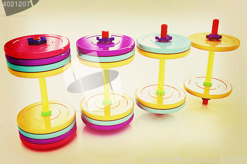 Image of Colorful dumbbells . 3D illustration. Vintage style.