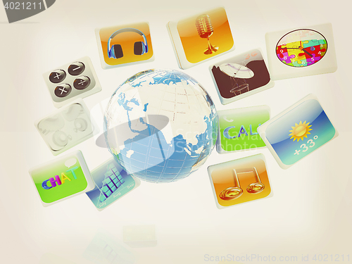 Image of Earth with cloud of media application Icons . 3D illustration. V